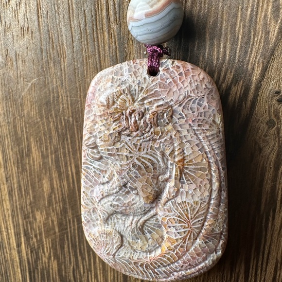 Handcrafted Coral Fossil Lady Pendant Necklace, Botswana Agate on Brown Rope - Picture 8 of 13